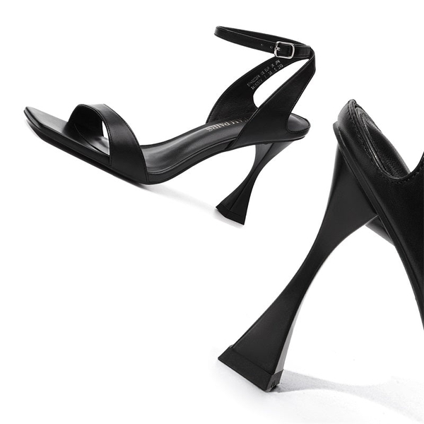 Square Toe Ankle Strap Stilettos Sandals - BLACK PU - 3